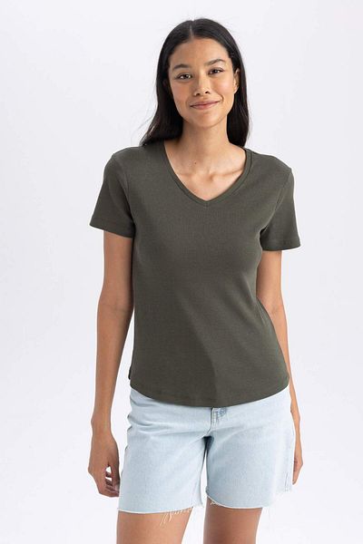 DeFacto Slim Fit Slim Fit Rib Short Sleeve T-Shirt B0647Axns