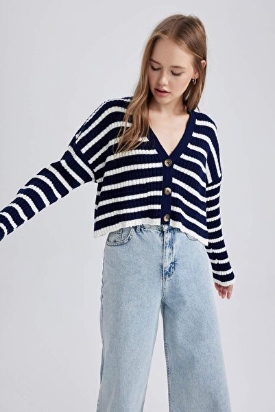 DeFacto Ζακέτα πλεκτό με ριγέ V λαιμόκοψη Coool Regular Fit A8568AX23WN