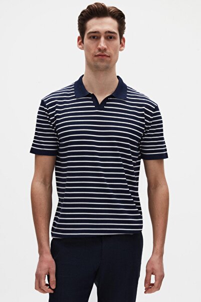 D'S Damat Ds Damat Slim Fit Lacivert Rayon Polo Yaka Fermuarlı Triko T-Shirt