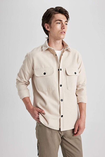 DeFacto Relax Fit Düğmeli Yaka Waffle Kumaş Düz Pamuk Karışımlı Uzun Kollu Gömlek A6872AX23AU