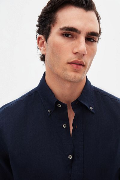 D'S Damat Ds Damat Comfort Navy Blue Plain 100% Linen Shirt