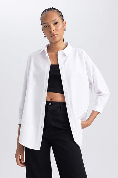DeFacto Tunica cu mânecă lungă din poplin cu guler cămașă oversize B0659AXNS