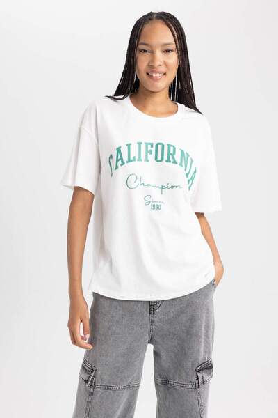 DeFacto Oversize Geniş Kalıp Bisiklet Yaka Kısa Kollu Tişört B0661AXNS