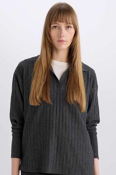 DeFacto Relax Fit Polo Neck Ribbed Camisole Long Sleeve T-Shirt B2404Ax23Au