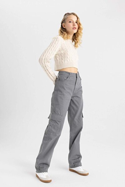 DeFacto Coool Straight Fit Gabardin Nadrág Kargo Cepli Yüksek Bel B0458AX23AU