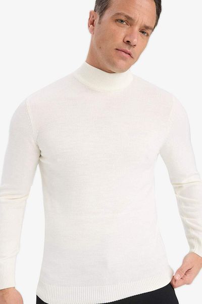 DeFacto Pulover de tricotaj simplu de bază, albastru bleumarin, slim fit, cu jumătate de gât R1127AZ23WN