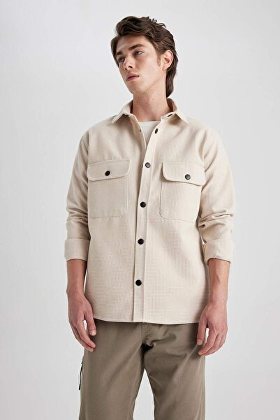 DeFacto Relax Fit Düğmeli Yaka Waffle Kumaş Düz Pamuk Karışımlı Uzun Kollu Gömlek A6872AX23AU