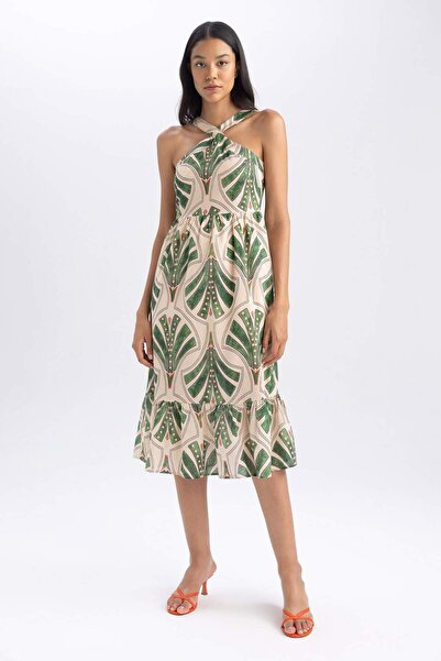 DeFacto Cross Neck Tropical Print Sleeveless Voile Midi Dress B1272Ax23Hs