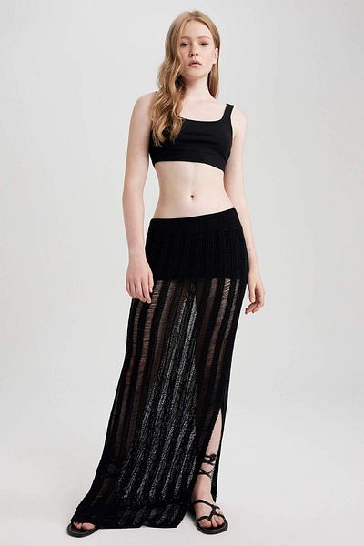DeFacto Fusta maxi neagră slim fit croșetată cu fantă A9259AX23SM