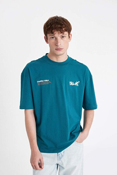 DeFacto 100% βαμβακερό μπλουζάκι με κοντό μανίκι με στάμπα με λαιμόκοψη A4004AX23HS