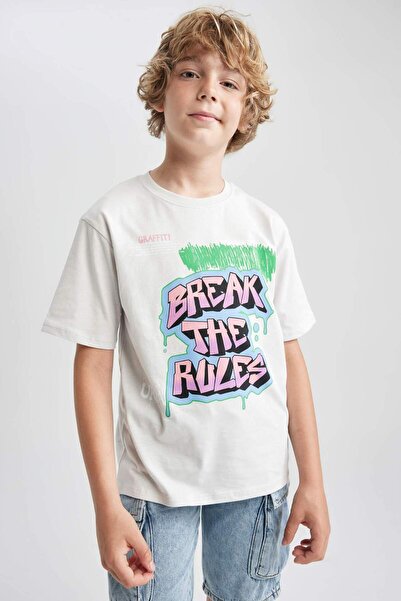 DeFacto تي شيرت للأولاد جديد برقبة دائرية وأكمام قصيرة مطبوعة A9509A823HS