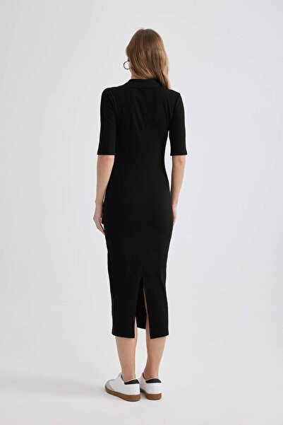 DeFacto Bodycon Polo Neck Bodycon Basic Plain Ribbed Camisole Short Sleeve Midi Dress A2096Ax23Sp