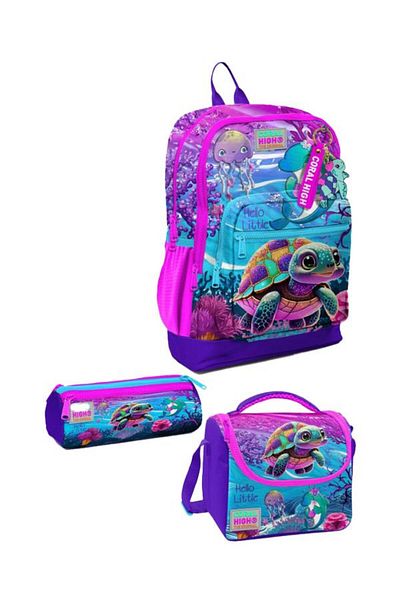Coral High Kids Pink Purple Turtle Patterned 3-Piece School Bag Set