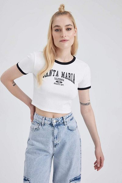 DeFacto Fitted Crew Neck Printed Short Sleeve Crop T-Shirt A0611Ax23Sm