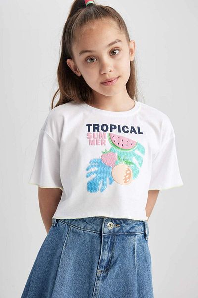 DeFacto Girl's Crop Printed Short Sleeve T-Shirt A1510A823Hs