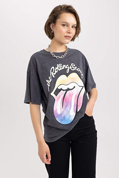 DeFacto Rolling Stones Oversize Fit Crew λαιμόκοψη κοντό μανίκι 100% βαμβακερ...