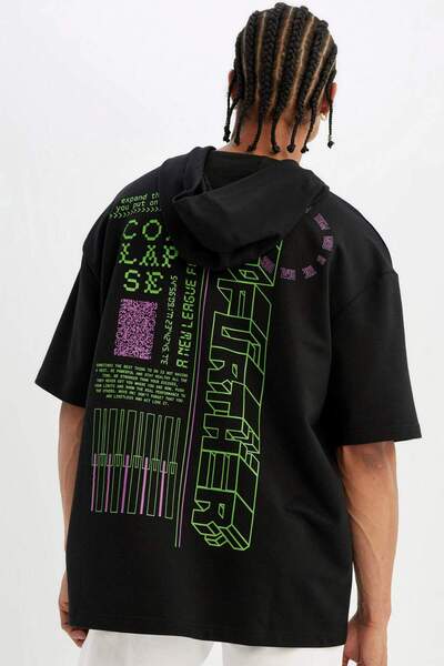 DeFacto Defactofit Oversize Fit Hooded Back Printed Short Sleeve Cotton T-Shi...