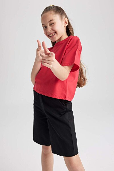 DeFacto Girls Black Crew Neck Crop Basic Plain Short Sleeve T-Shirt Z5095A623Sm