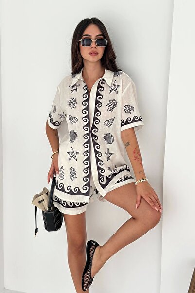 AsprinFashion Desenli Keten Şortlu Takım