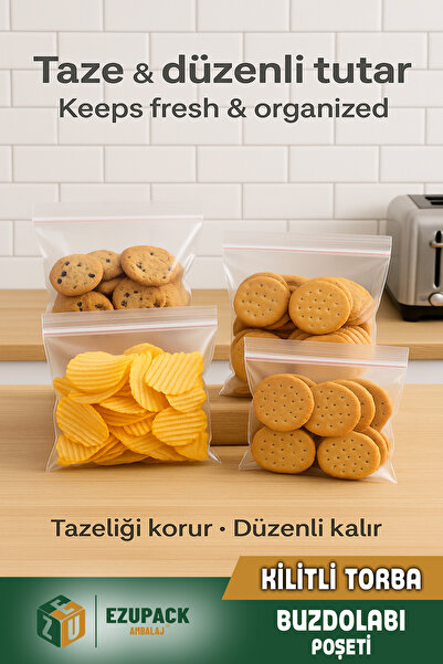 Ezupack 100'lü Buzdolabı Kilitli Torba Poşet Dondurucu İkramlık Çerez Davet Kına Hediyelik Poşeti 13x16cm
