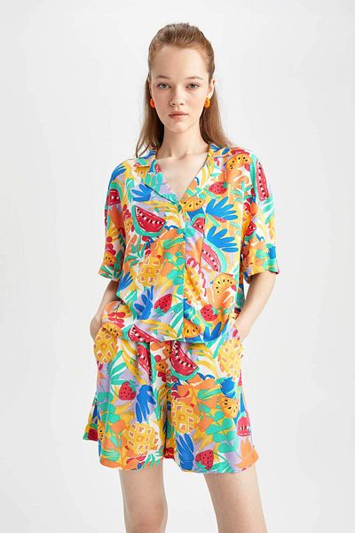 DeFacto Coool Relax Fit Fruit Pattern Pajama Collar Short Sleeve Shirt Y9107Az22Hs