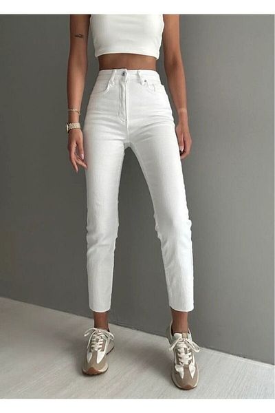JAXEN Mona Women's White Lycra Mom Jeans Denim Trousers