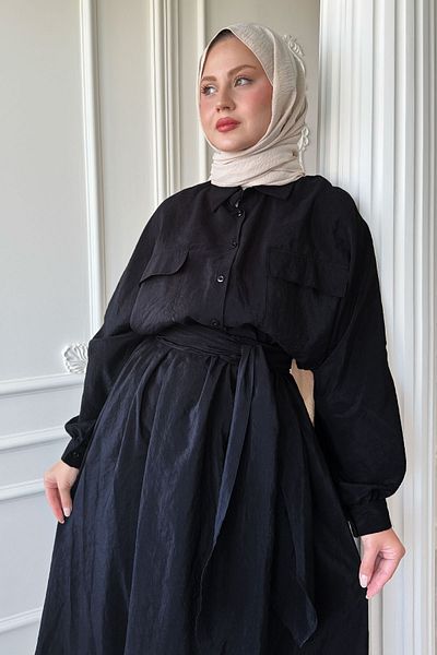 InStyle Double Pocket Balloon Sleeve Black Skirt Suit