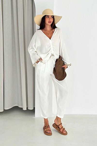 AsprinFashion Tünel Dikişli Truvakar Kol Bluz Beli Lastikli Planlı Müslin Pantolon