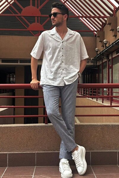 inpool Men's Linen Look Elastic Waist Woven Trousers - Standard Fit, Lace-up 216-2