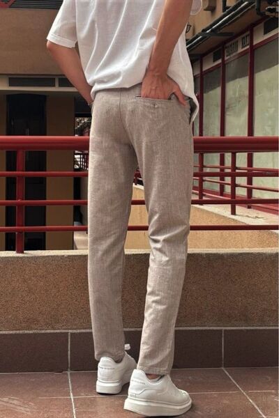 inpool Men's Linen Look Elastic Waist Woven Trousers - Standard Fit, Lace-up 216-2