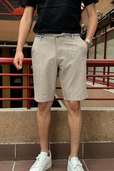 inpool Men's Regular Fit Linen Look Shorts - Waist Lace, Old Money Culture 167-1