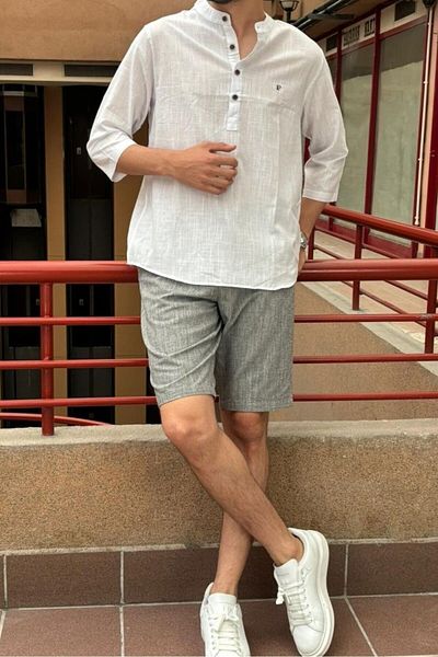 inpool Men's Regular Fit Linen Look Shorts - Waist Lace, Old Money Culture 167-1