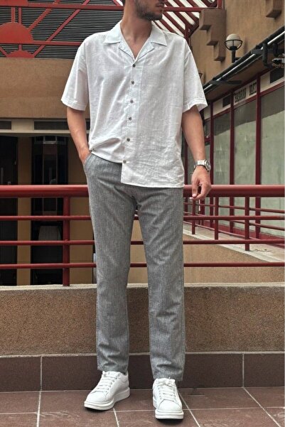 inpool Men's Linen Look Elastic Waist Woven Trousers - Standard Fit, Lace-up 216-2