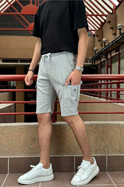 inpool Men's - Cargo Pocket Cotton Linen Shorts with Elastic Waist, Lace-up - 24INP287