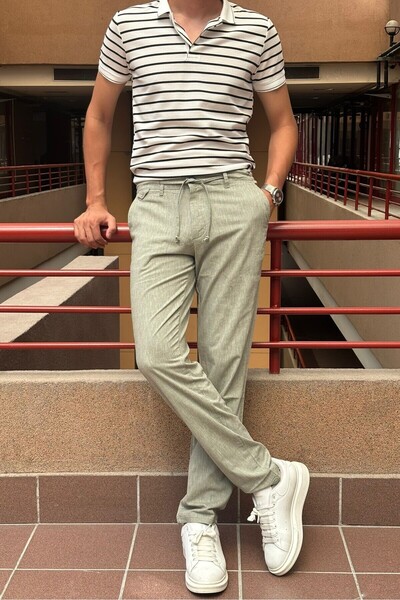 inpool Men's Regular-Fit Elastic Old-Money Culture Cotton Linen Woven Trousers - 24INP279