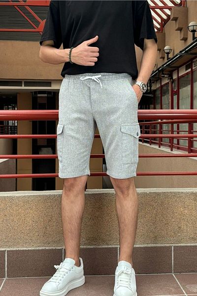 inpool Men's - Cargo Pocket Cotton Linen Shorts with Elastic Waist, Lace-up - 24INP287