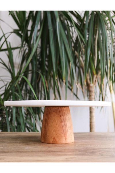Gemboss Faralya Home Natural Marble Standy Cake Stand with Wooden Legs 28 cm