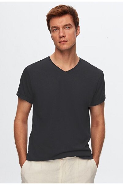 D'S Damat Tricou slim, antracit, cu decolteu în V, 100% bumbac