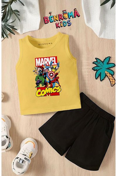 BENROMA Cartoon Character Printed Shorts Tee Unisex Children's Set