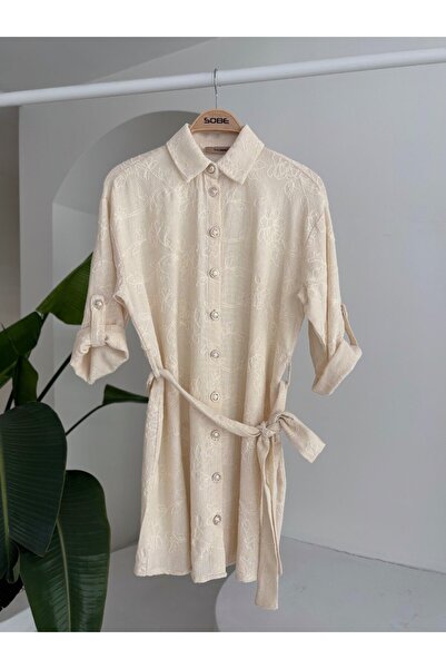 Esinty Trend Γυναικείο Φόρεμα με λεπτομέρεια από λινό ύφασμα με ζώνη