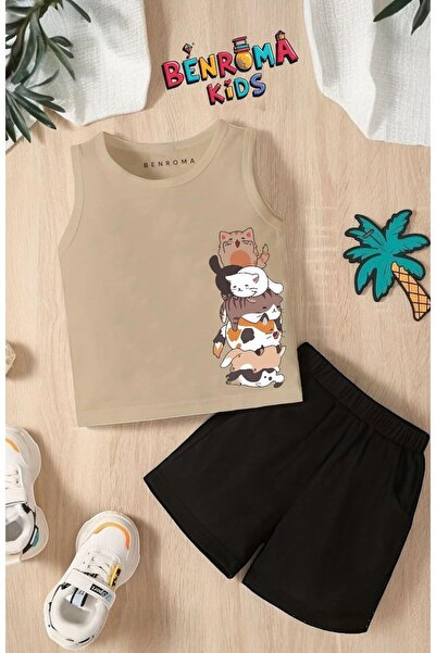 BENROMA Cats Overlap Printed Shorts Tee Unisex Children's Set
