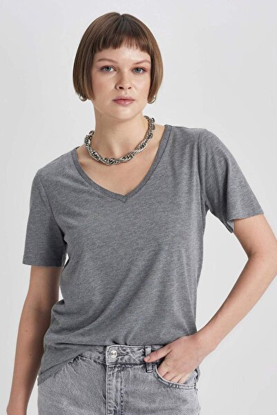 DeFacto Tricou negru cu mânecă scurtă de bază cu decolteu în V K5057AZ21SP