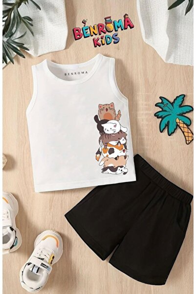 BENROMA Cats Overlap Printed Shorts Tee Unisex Children's Set