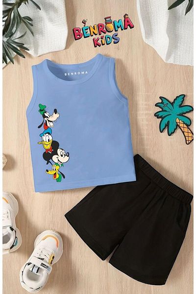 BENROMA Cartoon Character Printed Shorts Tee Unisex Children's Set