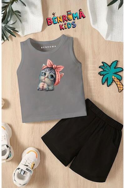 BENROMA SET UNISEX PENTRU COPILI MİNNOŞ CAT PRINTED SHORTS T-SHIRT