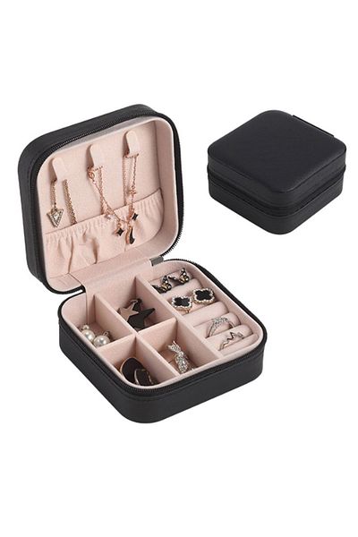 Chavin Black Leather Travel Ring Earrings Necklace Jewelry Box st1-64sy