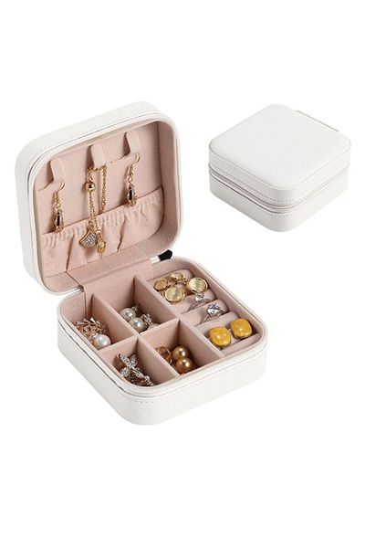 Chavin White Leather Travel Ring Earrings Necklace Jewelry Box st1-64by