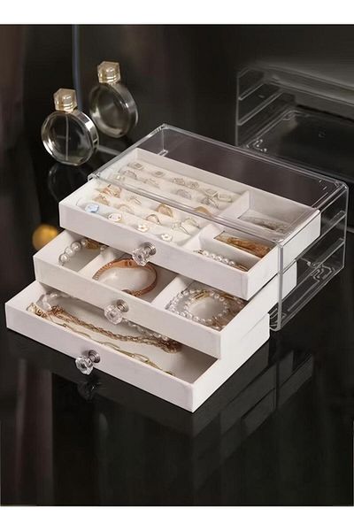 fun zone Jewelry Organizer Box with 3 Drawers, Earring Jewelry Organizer Clear Jewelry Box for Women