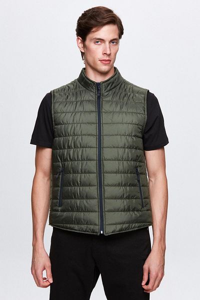 D'S Damat Khaki Seasonal Vest Coat - Stand Collar, Fiber Filled, Zippered Regular Fit