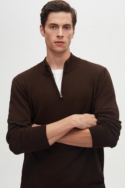 D'S Damat Ds Damat Slim Fit Brown Half Zipper Knitwear Sweater